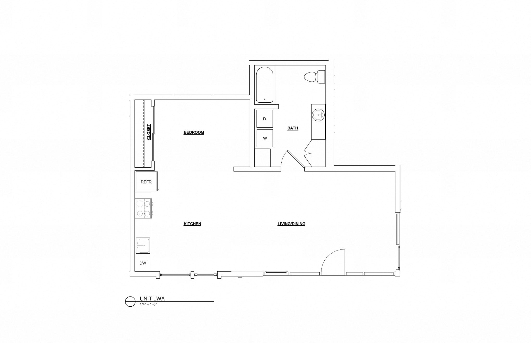 Floor plan for 1 bed, 1 bath, 763 sqft